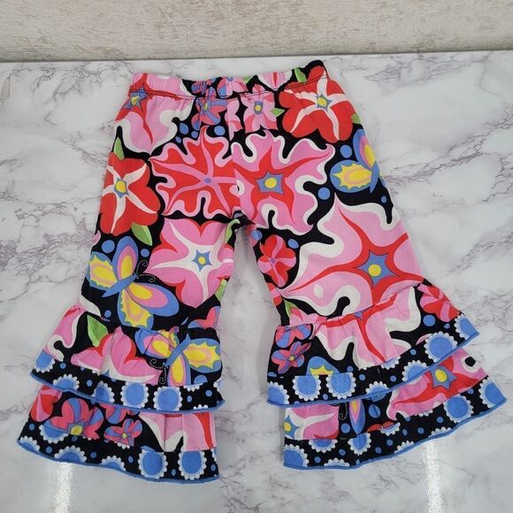 Ann Loren Floral Teired Ruffled Hem Pants / Capri Lot of 2 Girls Infant Toddler - Picture 3 of 10